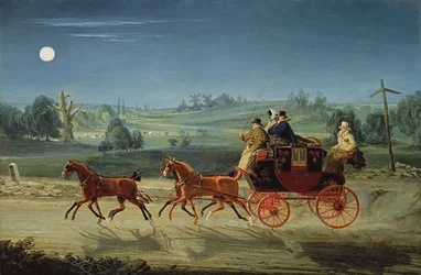 El coche de correo real de Bath, Bristol y Londres por la noche